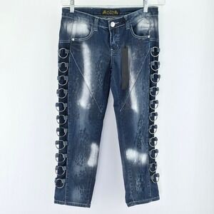 Virgin Only O-Ring Side Cut-Out Jeans Womens 30 Blue‎ Leopard Metallic Y2K Edgy